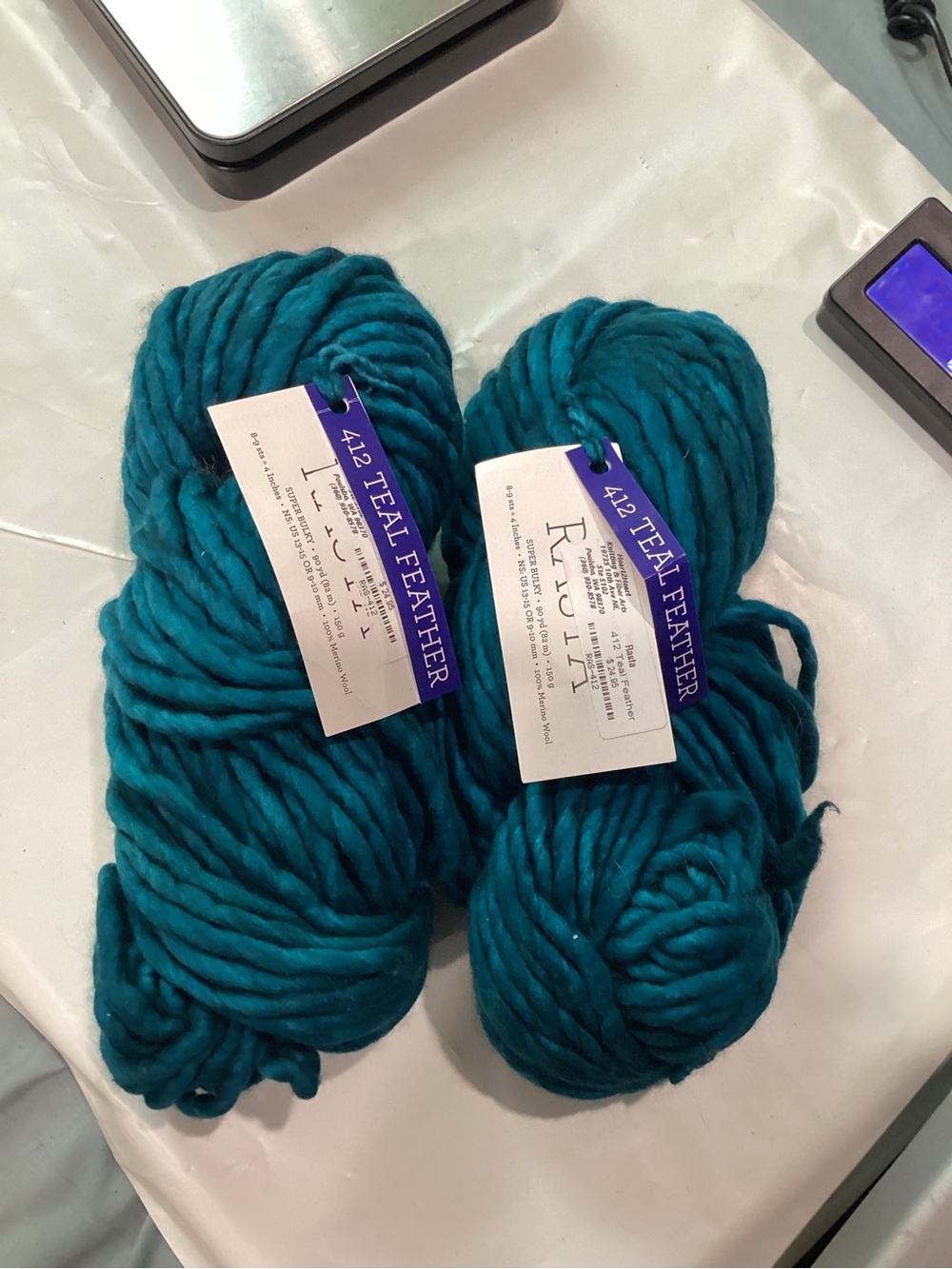 2 hanks of malabrigo Rasta yarn in colorway teal feather